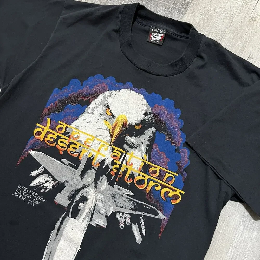 DESERT STORM Shirt 80s 90s Vtg Screen Stars Eagle Troops Middle East Military L